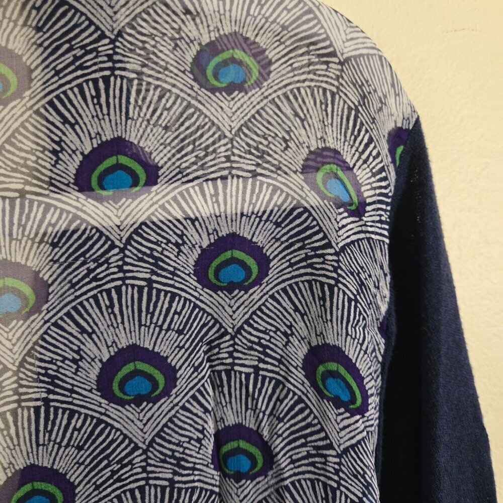 Tory Burch Jacet Peacock Silk Back Logo Button Pocket Cardigan Sweater Size L - Picture 8 of 10